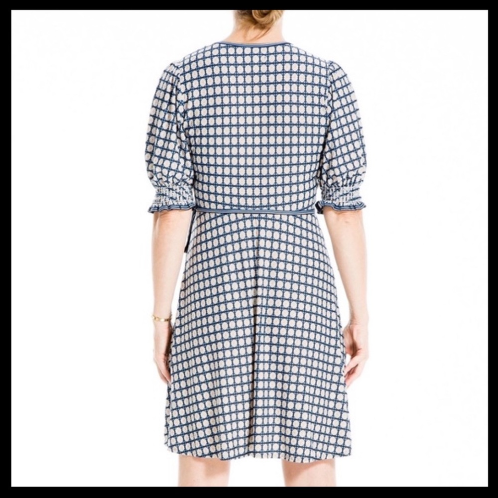 MAX STUDIO Smocked Sleeve Wrap Dress Color: Navy Blue Deco Poppy - Picture 2 of 7